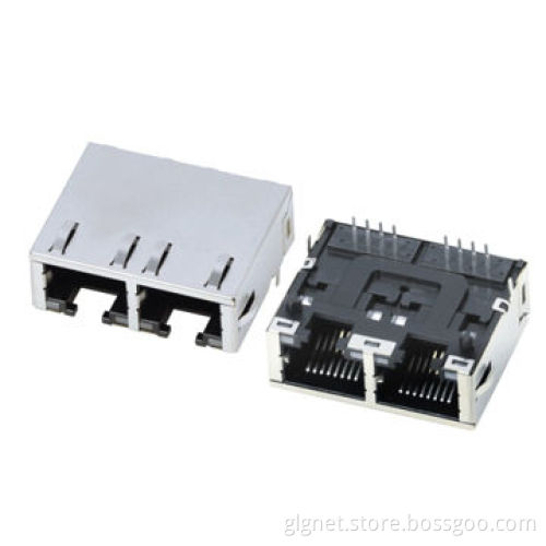 1*2 port RJ45 connector, PCB jacks, with shielding, low height, flat pin & with light pipe